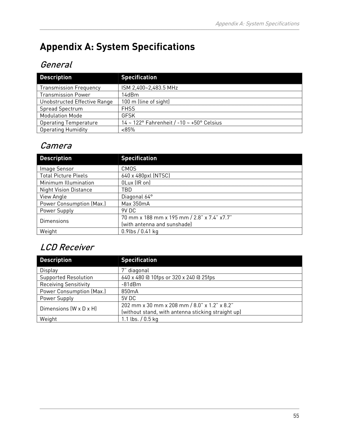 LOREX Technology LW2702 instruction manual Appendix a System Specifications, General, Camera, LCD Receiver 