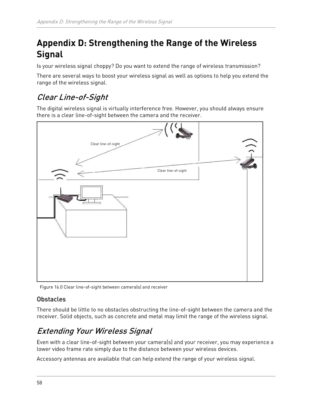 LOREX Technology LW2702 Appendix D Strengthening the Range of the Wireless Signal, Clear Line-of-Sight, Obstacles 