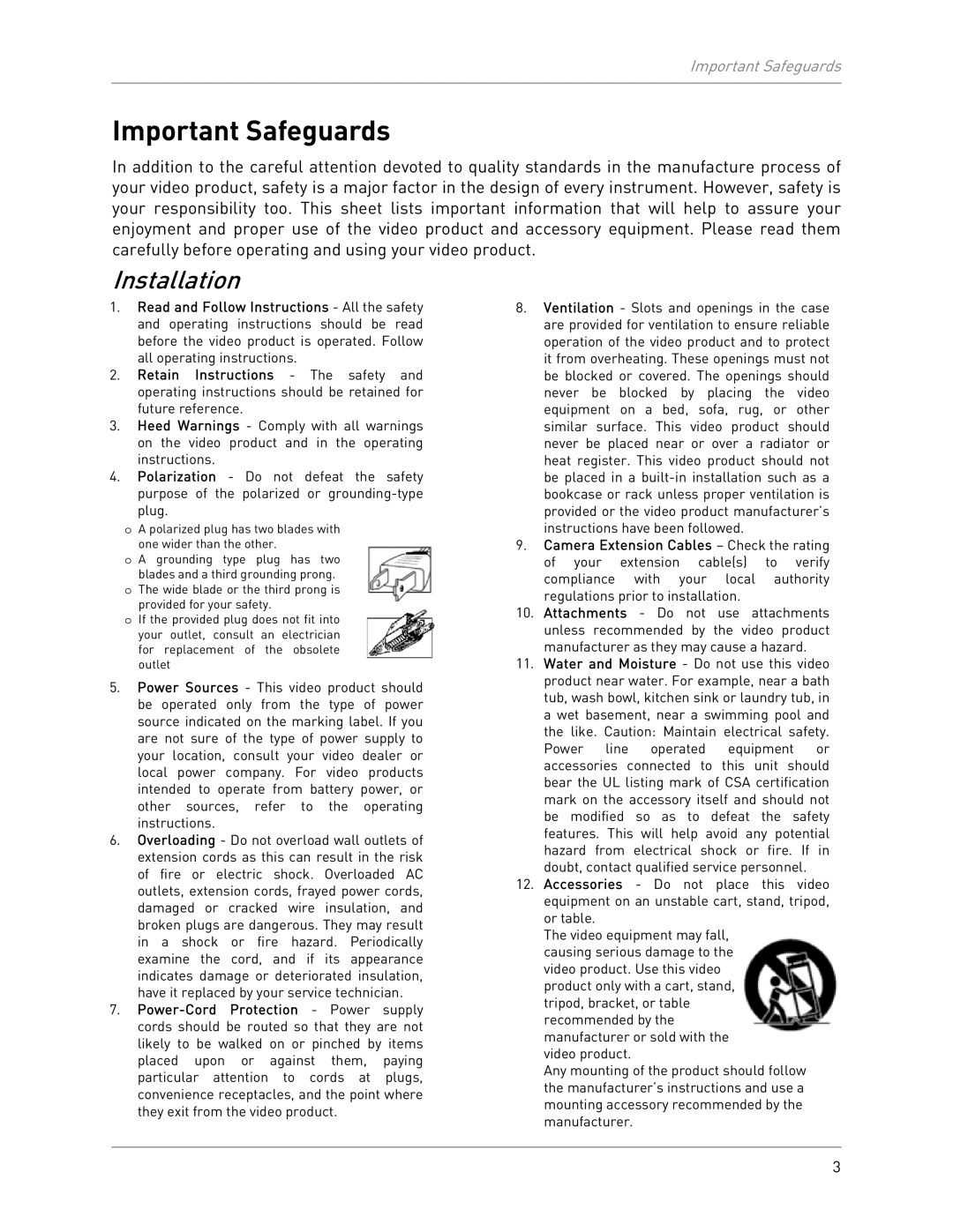 LOREX Technology LW2702 instruction manual Important Safeguards, Installation 