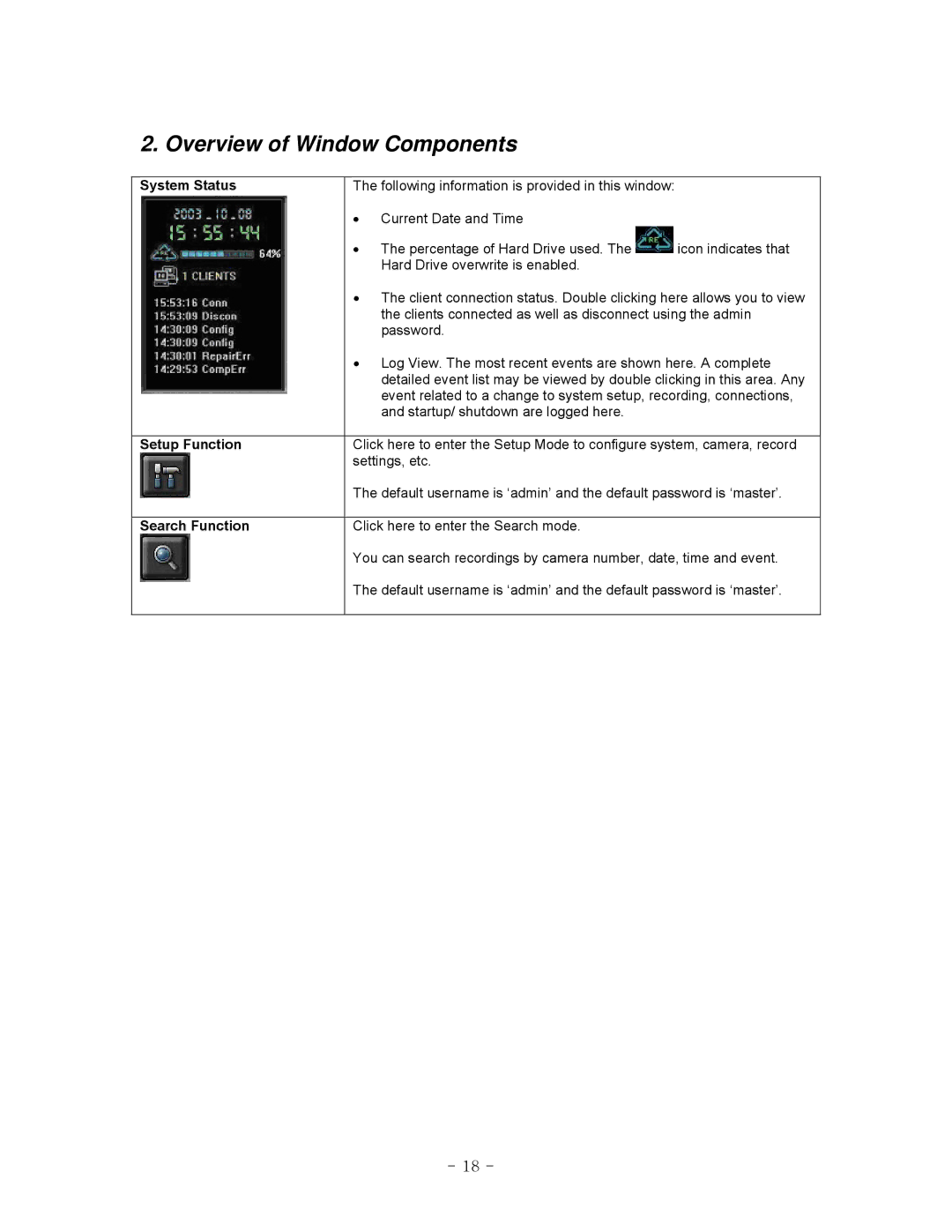 LOREX Technology QLR-0440 Series Overview of Window Components, System Status, Setup Function, Search Function 