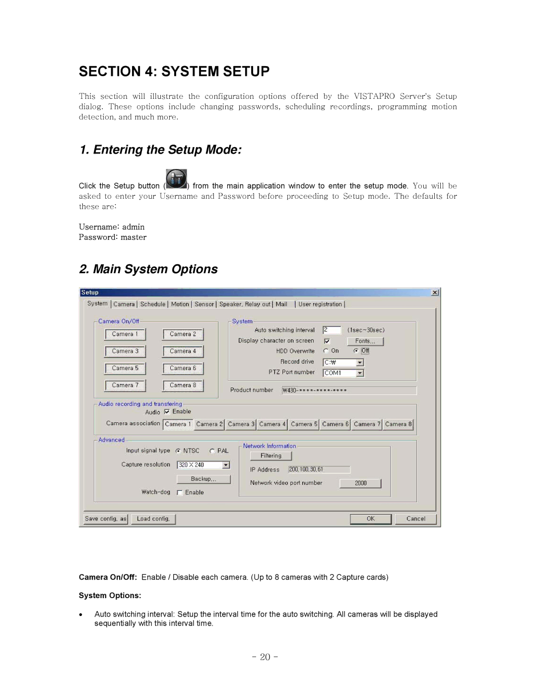 LOREX Technology QLR-0440 Series Entering the Setup Mode, Main System Options, Username admin Password master 