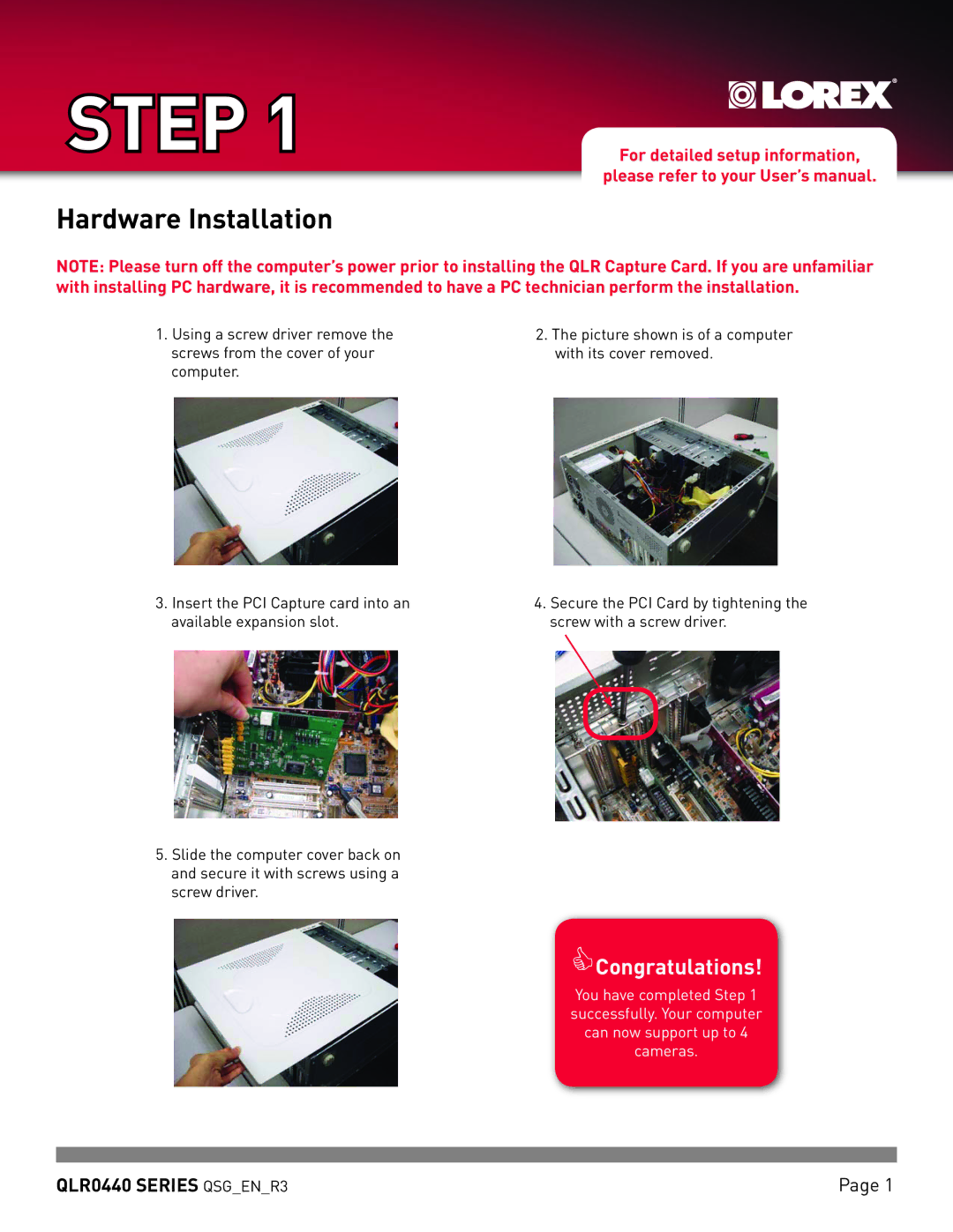 LOREX Technology QLR0440 quick start Step, Hardware Installation 