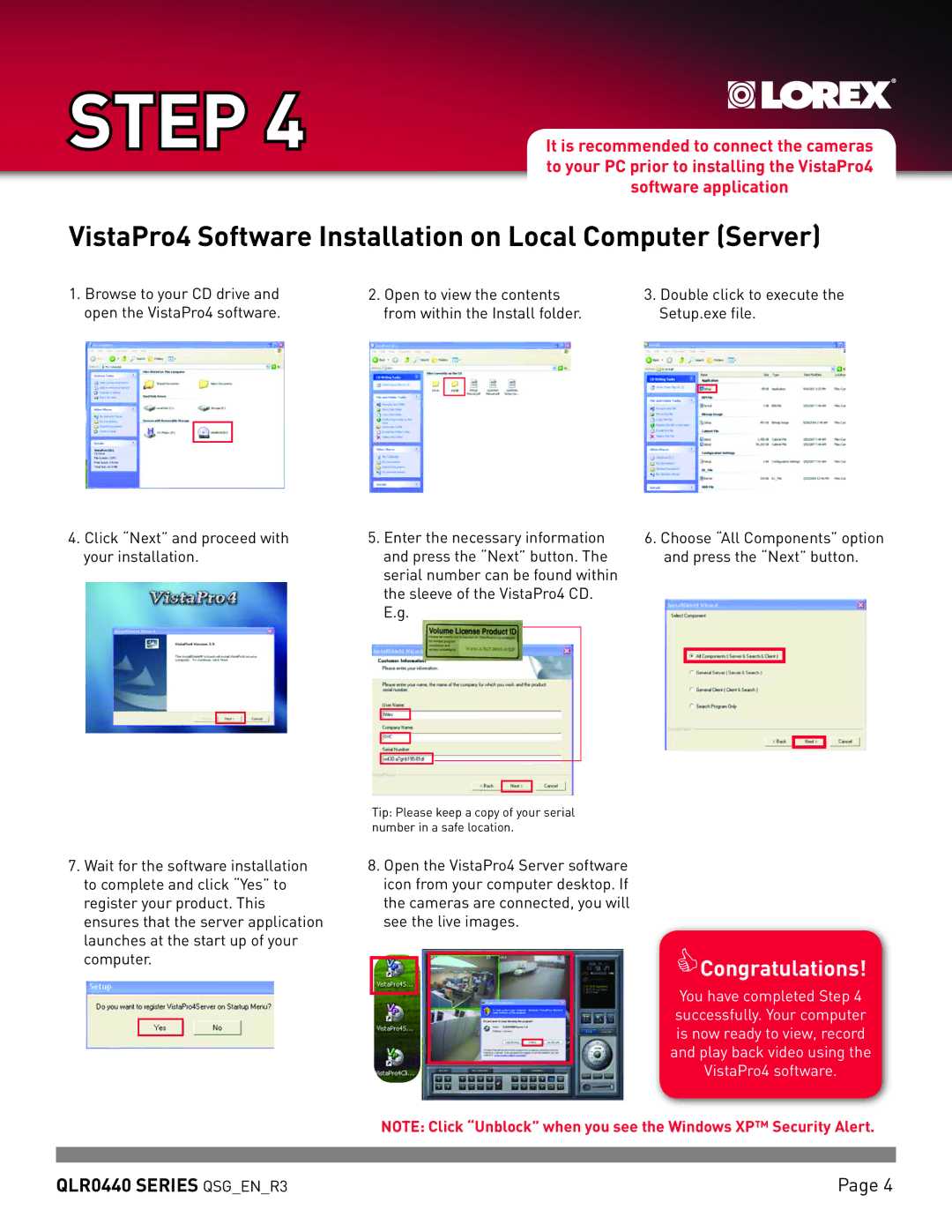 LOREX Technology QLR0440 quick start VistaPro4 Software Installation on Local Computer Server 