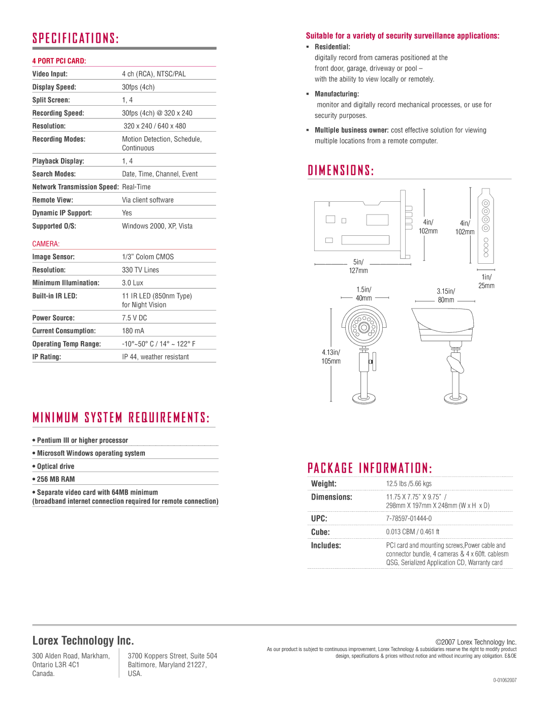LOREX Technology QLR0444 manual E c i f i c at i o n s, M e n s i o n s, Pa c k a g e i n f o r m at i o n 
