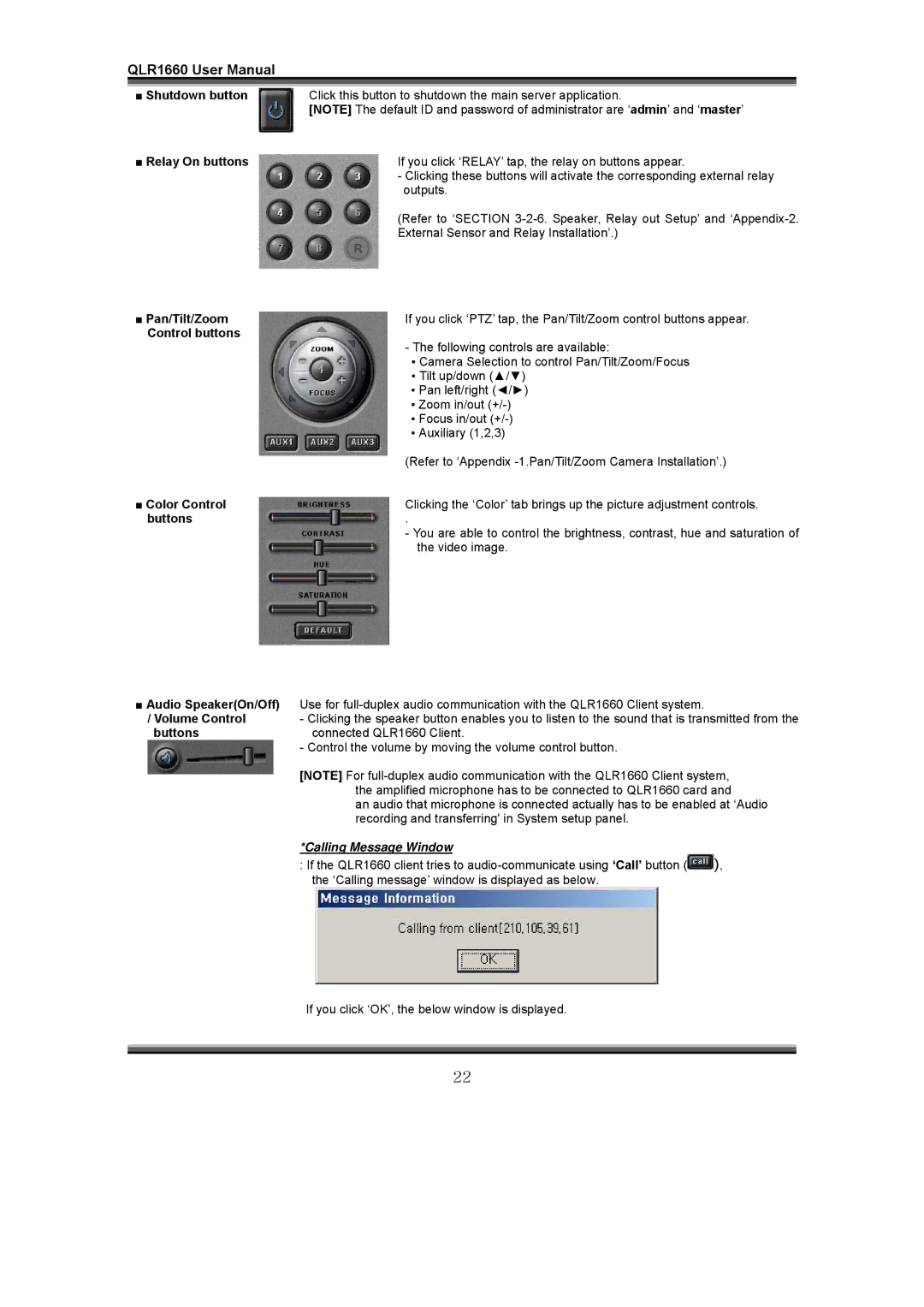 LOREX Technology QLR1660 instruction manual Pan/Tilt/Zoom, Control buttons, Color Control, Buttons, Volume Control 