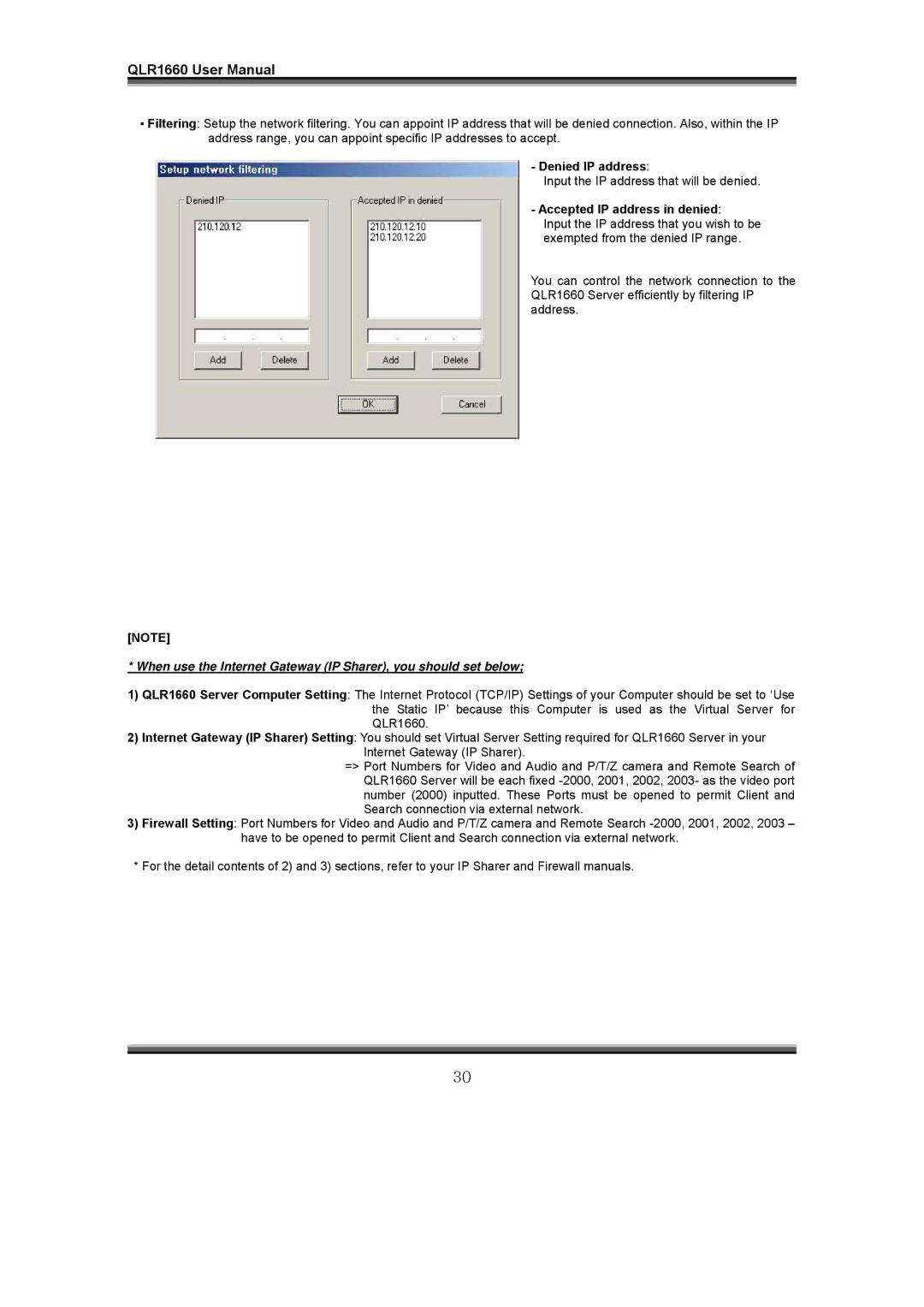 LOREX Technology QLR1660 instruction manual Denied IP address, Accepted IP address in denied 