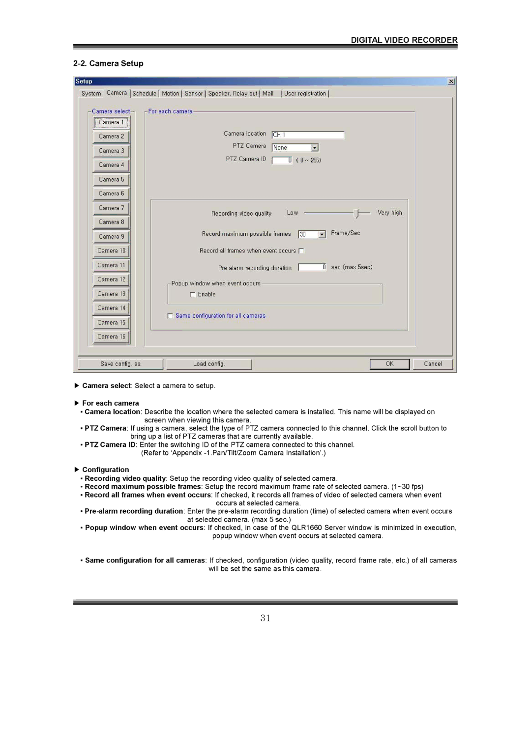 LOREX Technology QLR1660 instruction manual Camera Setup, For each camera, Configuration 