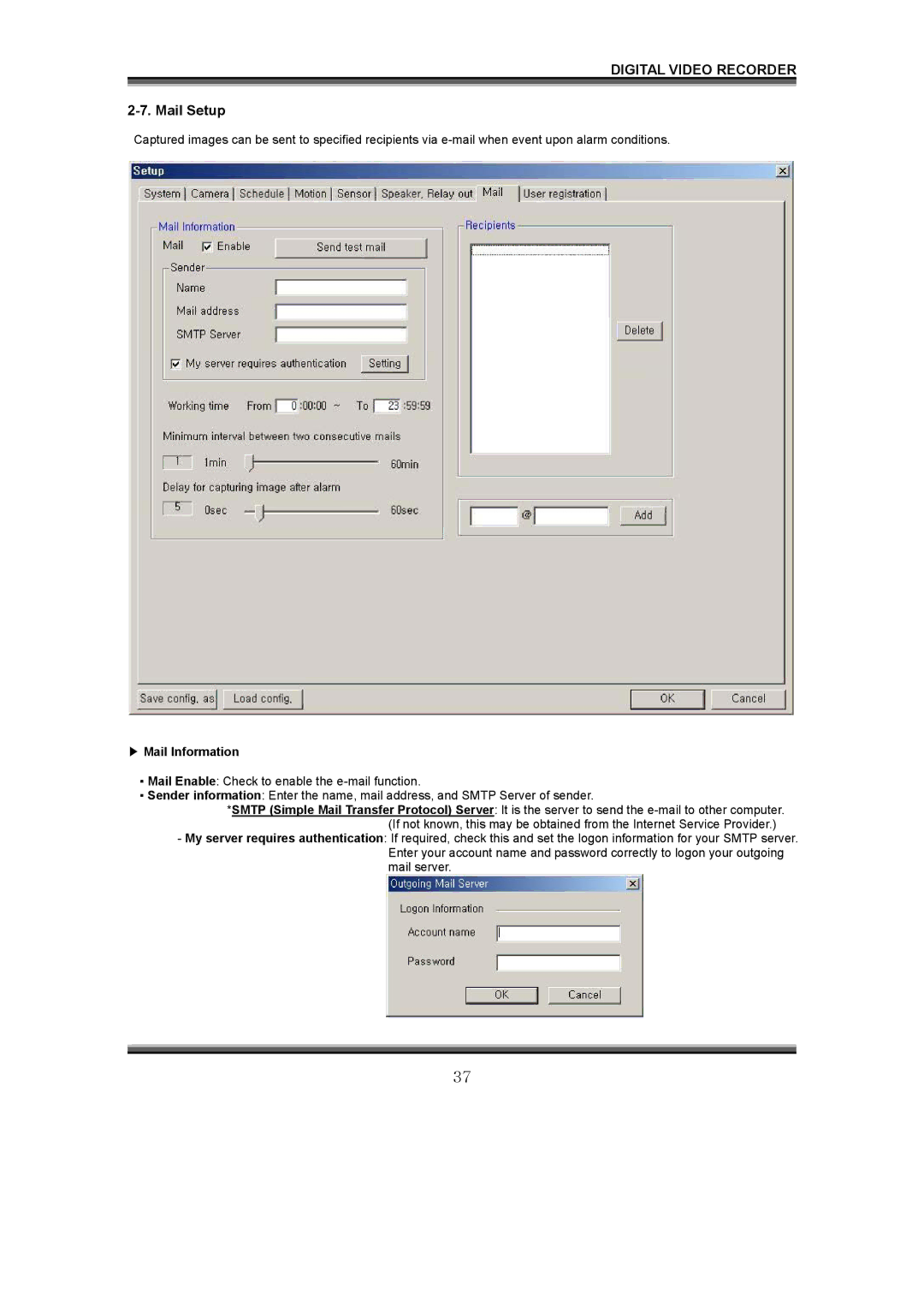 LOREX Technology QLR1660 instruction manual Mail Setup, Mail Information 