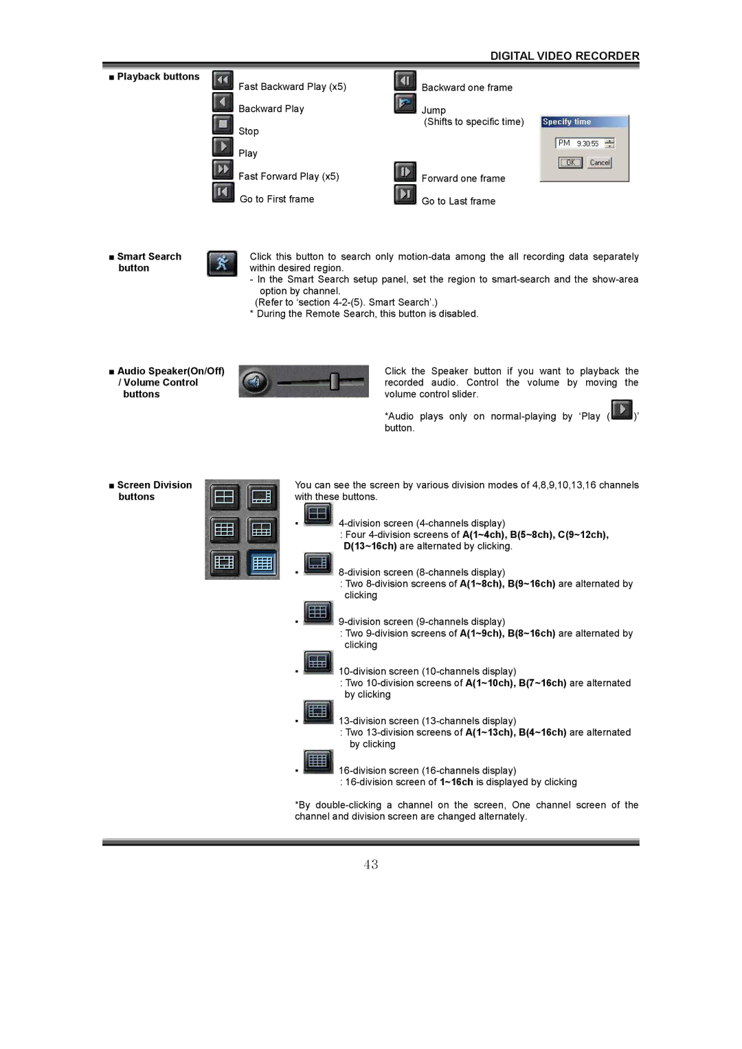 LOREX Technology QLR1660 instruction manual Playback buttons, Smart Search, Audio SpeakerOn/Off, Screen Division 