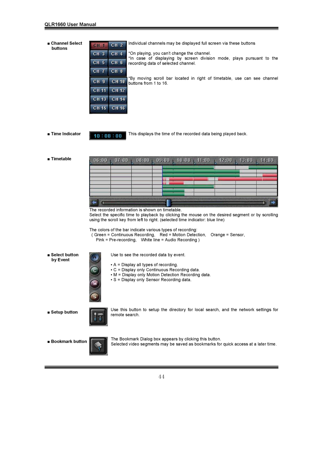 LOREX Technology QLR1660 instruction manual Channel Select, Time Indicator, Timetable, Setup button Bookmark button 