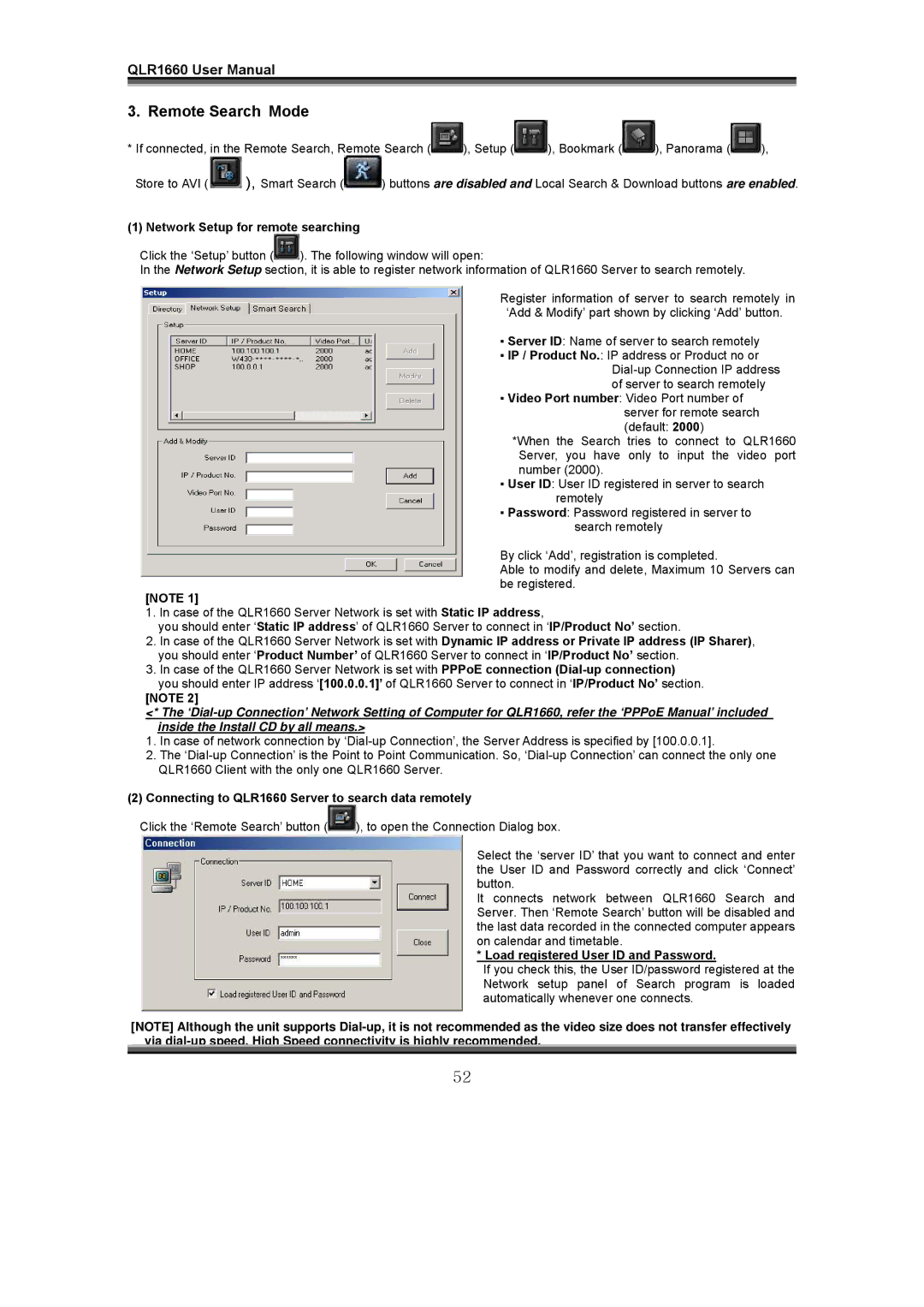 LOREX Technology QLR1660 Remote Search Mode, Network Setup for remote searching, Load registered User ID and Password 