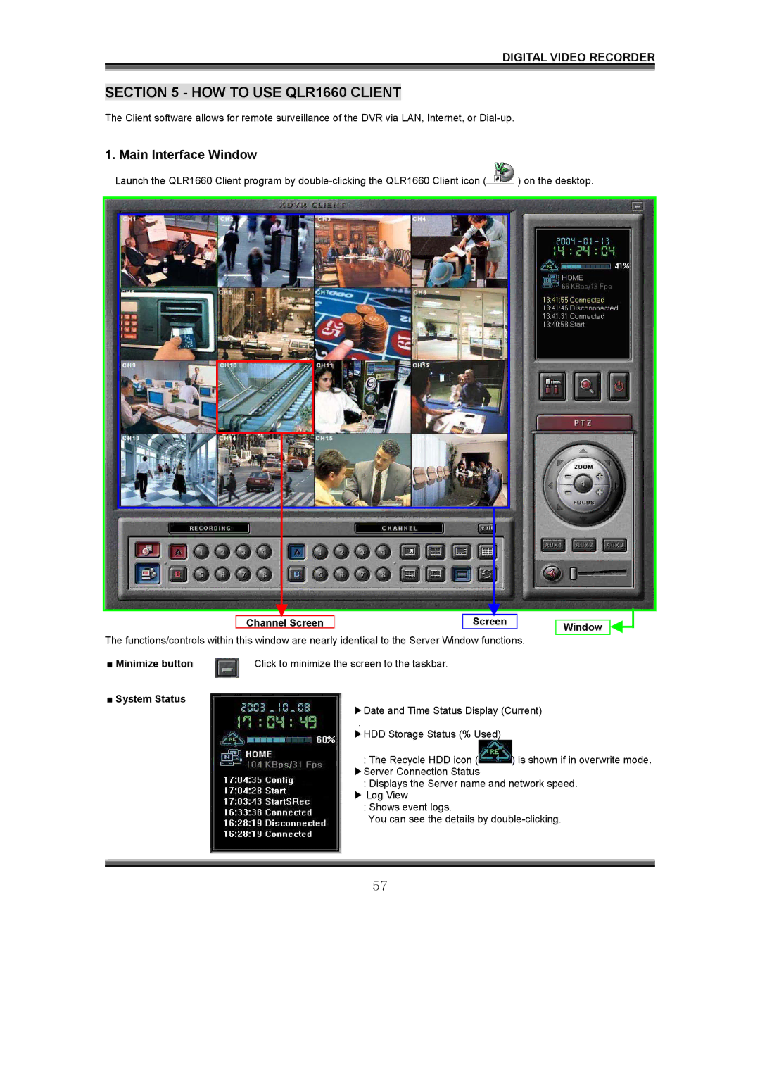 LOREX Technology instruction manual HOW to USE QLR1660 Client, Channel Screen, Window Minimize button, System Status 