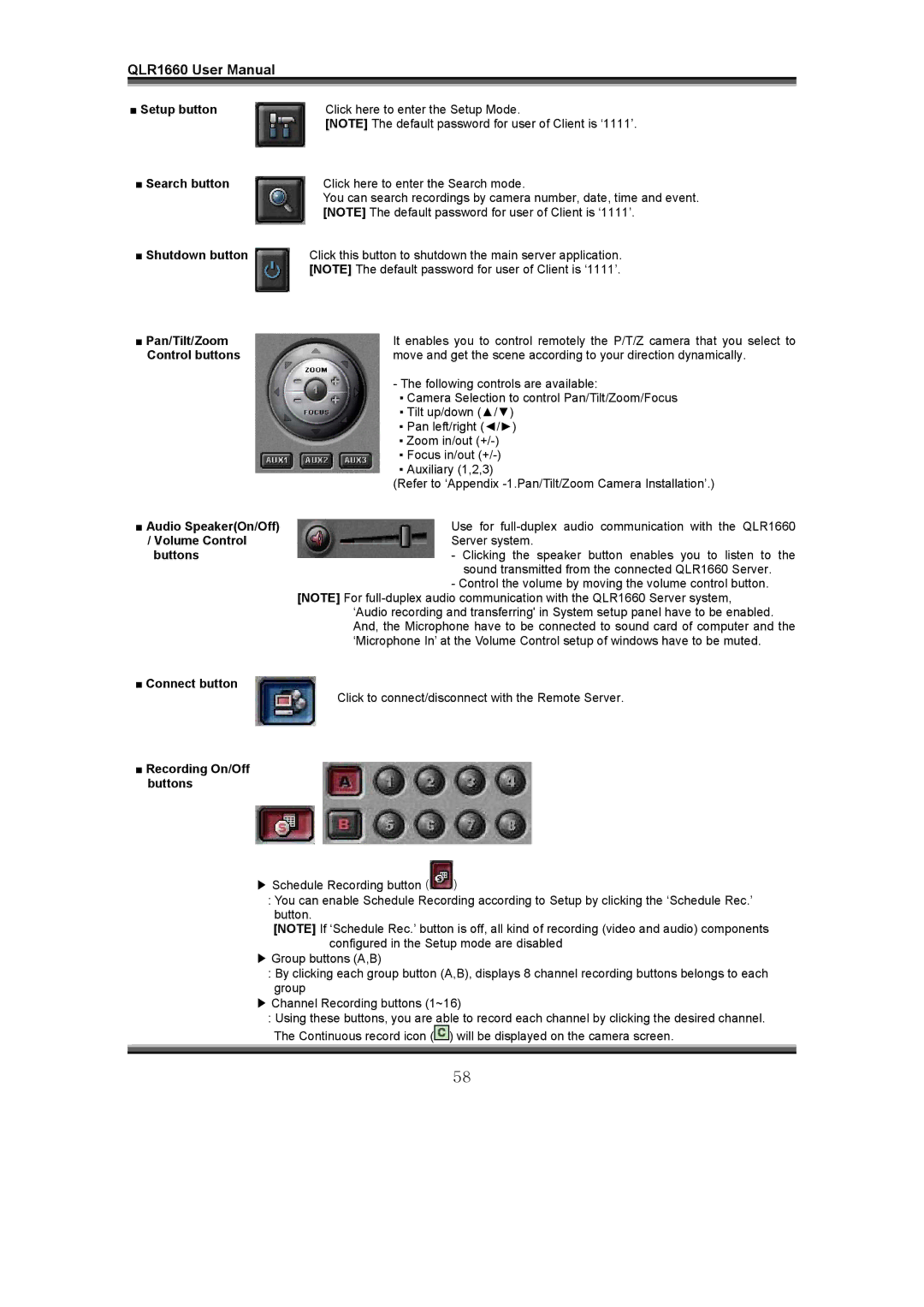 LOREX Technology QLR1660 instruction manual Setup button, Connect button 