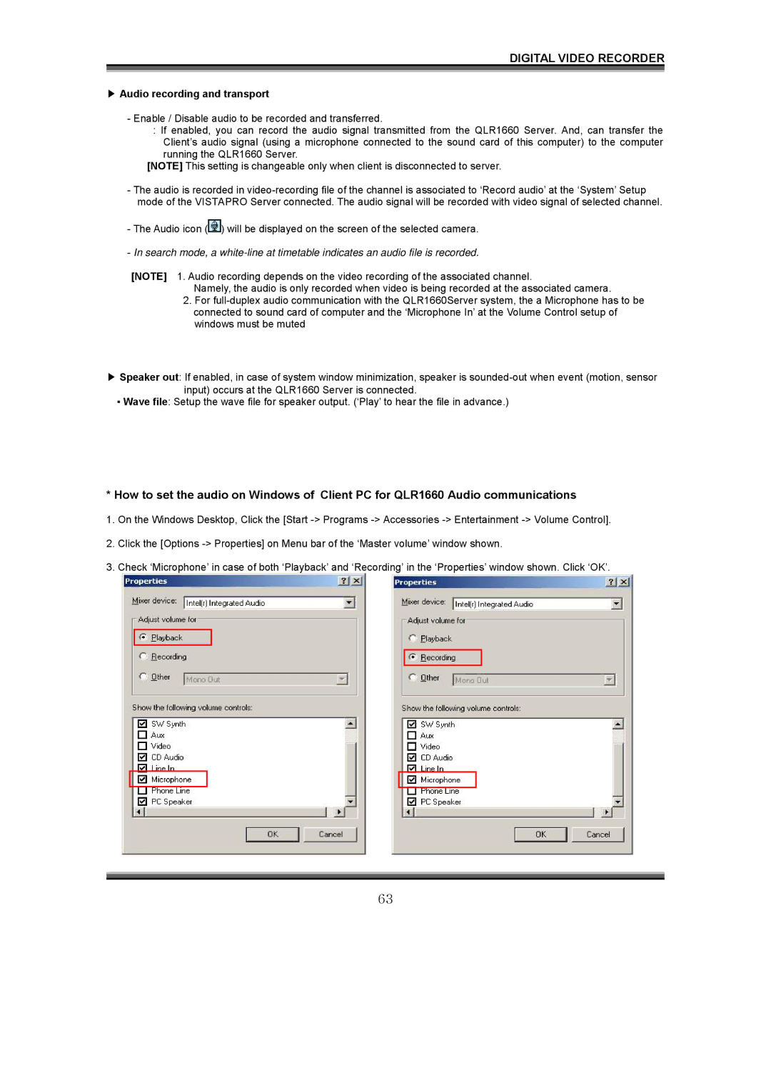 LOREX Technology QLR1660 instruction manual Audio recording and transport 