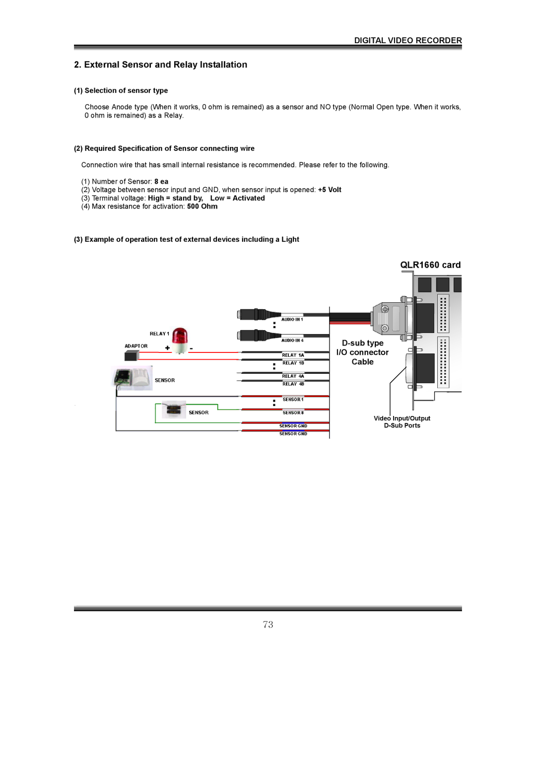 LOREX Technology QLR1660 External Sensor and Relay Installation, Sub type Connector Cable, Selection of sensor type 