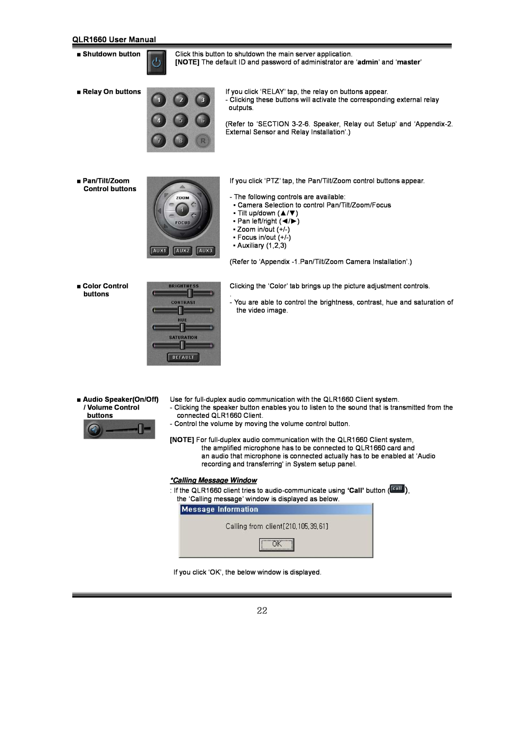LOREX Technology QLR1660 Shutdown button, Relay On buttons, Pan/Tilt/Zoom, Control buttons, Color Control, Volume Control 