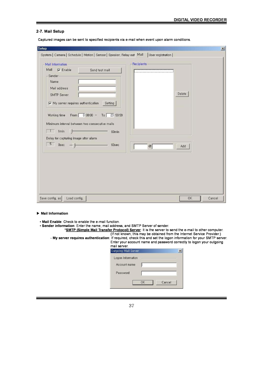 LOREX Technology QLR1660 instruction manual DIGITAL VIDEO RECORDER 2-7.Mail Setup, Mail Information 