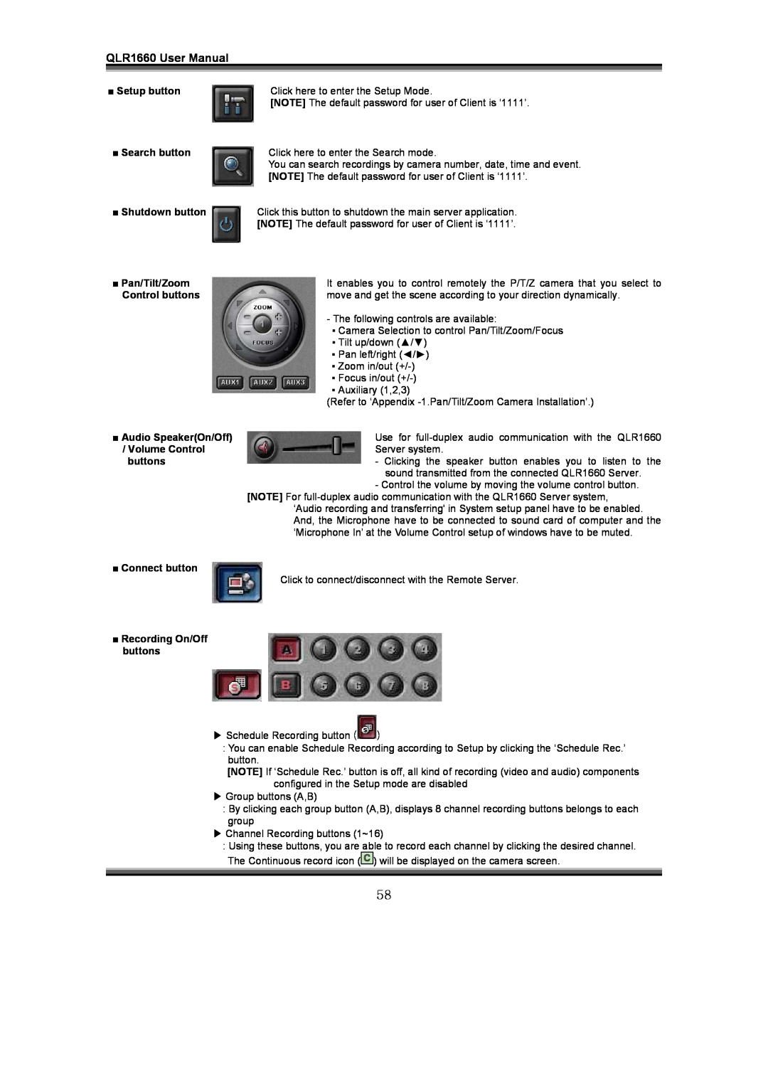 LOREX Technology Connect button, QLR1660 User Manual, Setup button, Search button, Shutdown button, Pan/Tilt/Zoom 