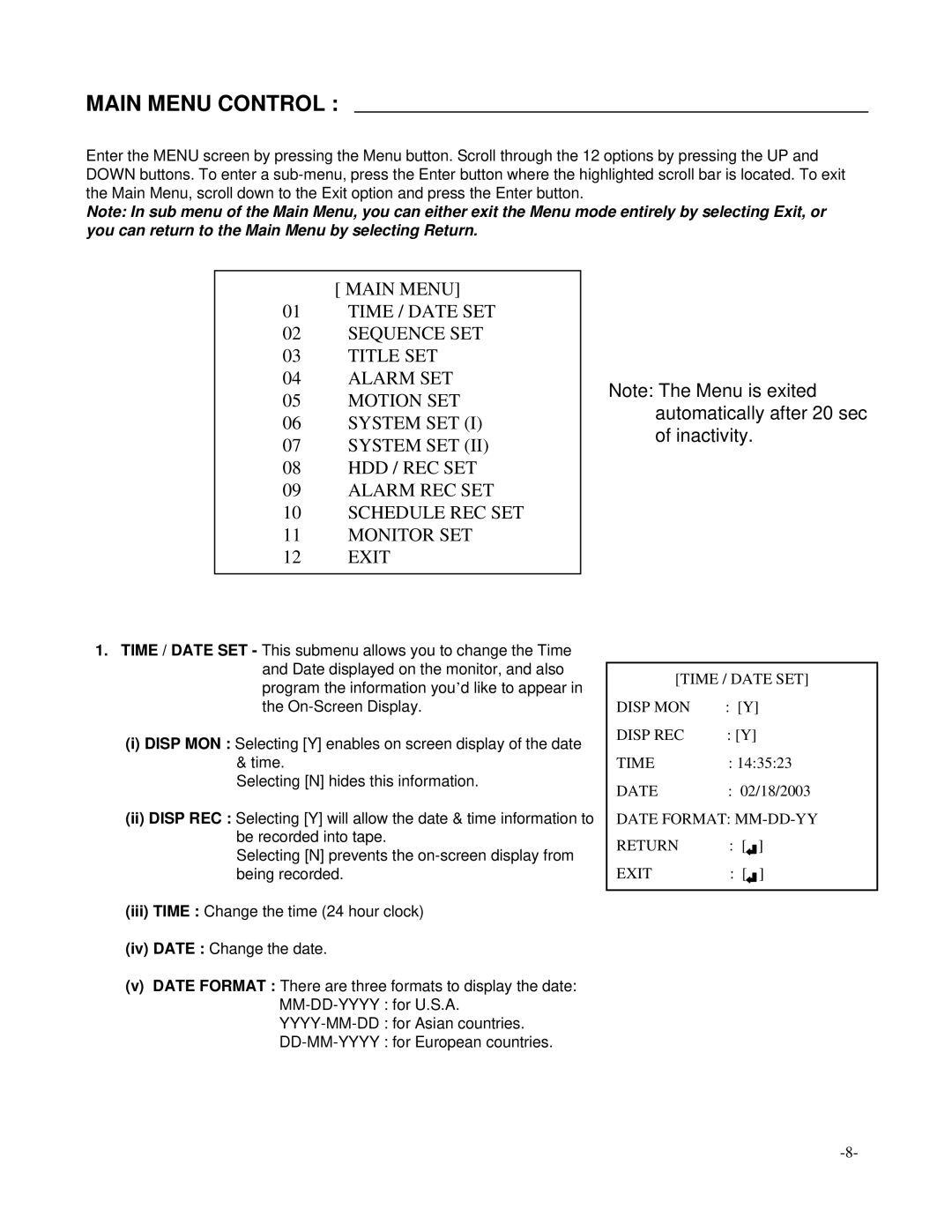 LOREX Technology SC21CD5444UQ-A80 manual Main Menu Control 