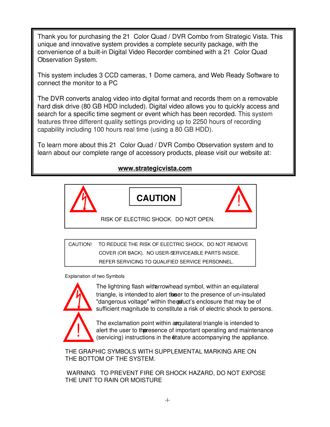 LOREX Technology SC21CD5444UQ-A80 manual Risk of Electric SHOCK. do not Open 