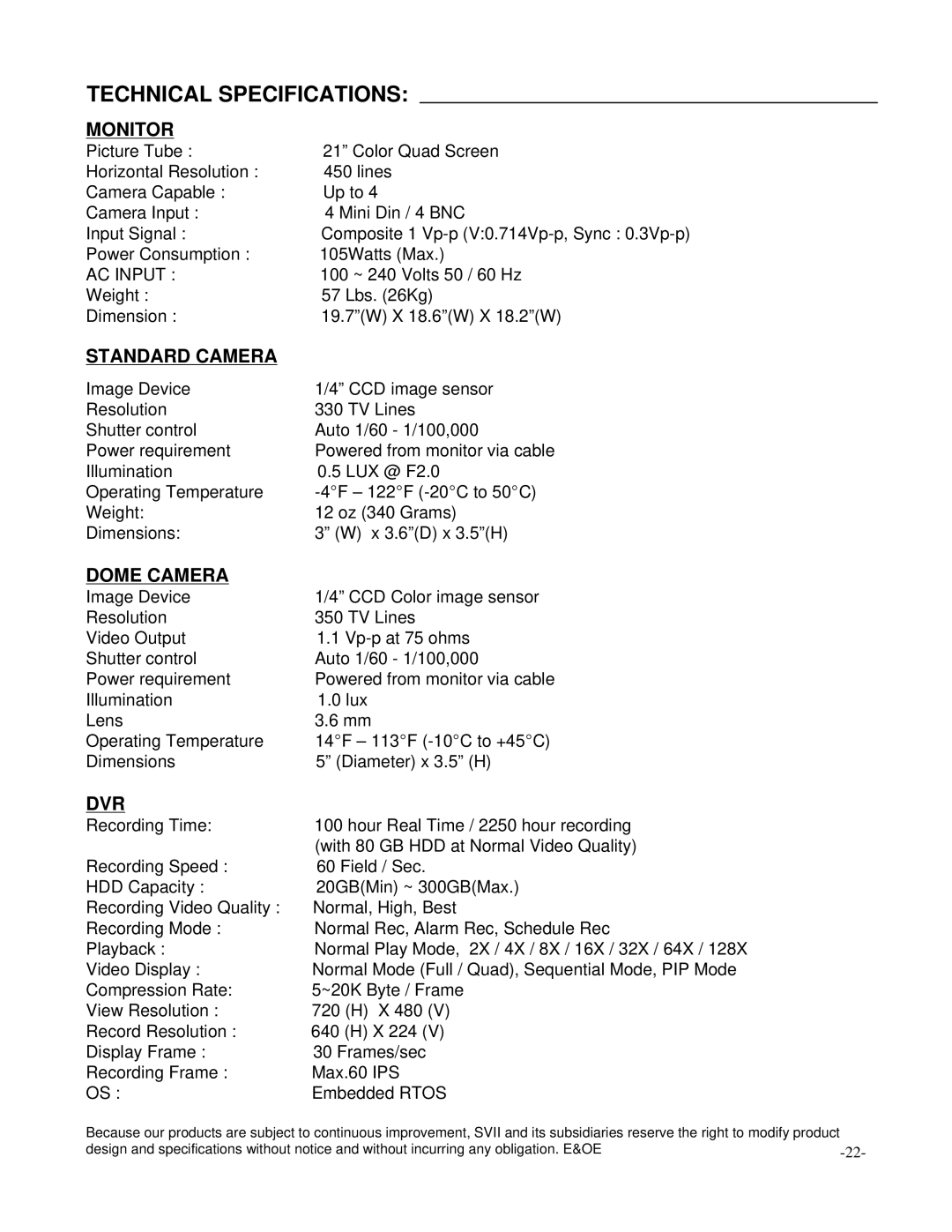 LOREX Technology SC21CD5444UQ-A80 manual Technical Specifications, Monitor 