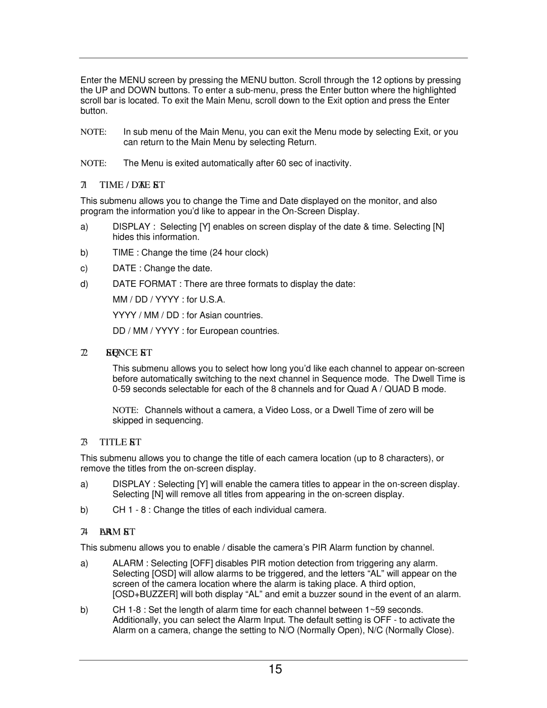 LOREX Technology SC21FD3044-161 instruction manual Time / Date SET, Sequence SET, Title SET, Alarm SET 