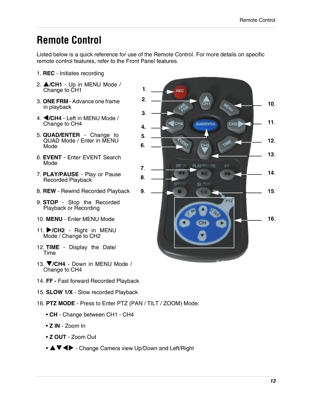 LOREX Technology SC325000 instruction manual Remote Control, QUAD/ENTER Change to 