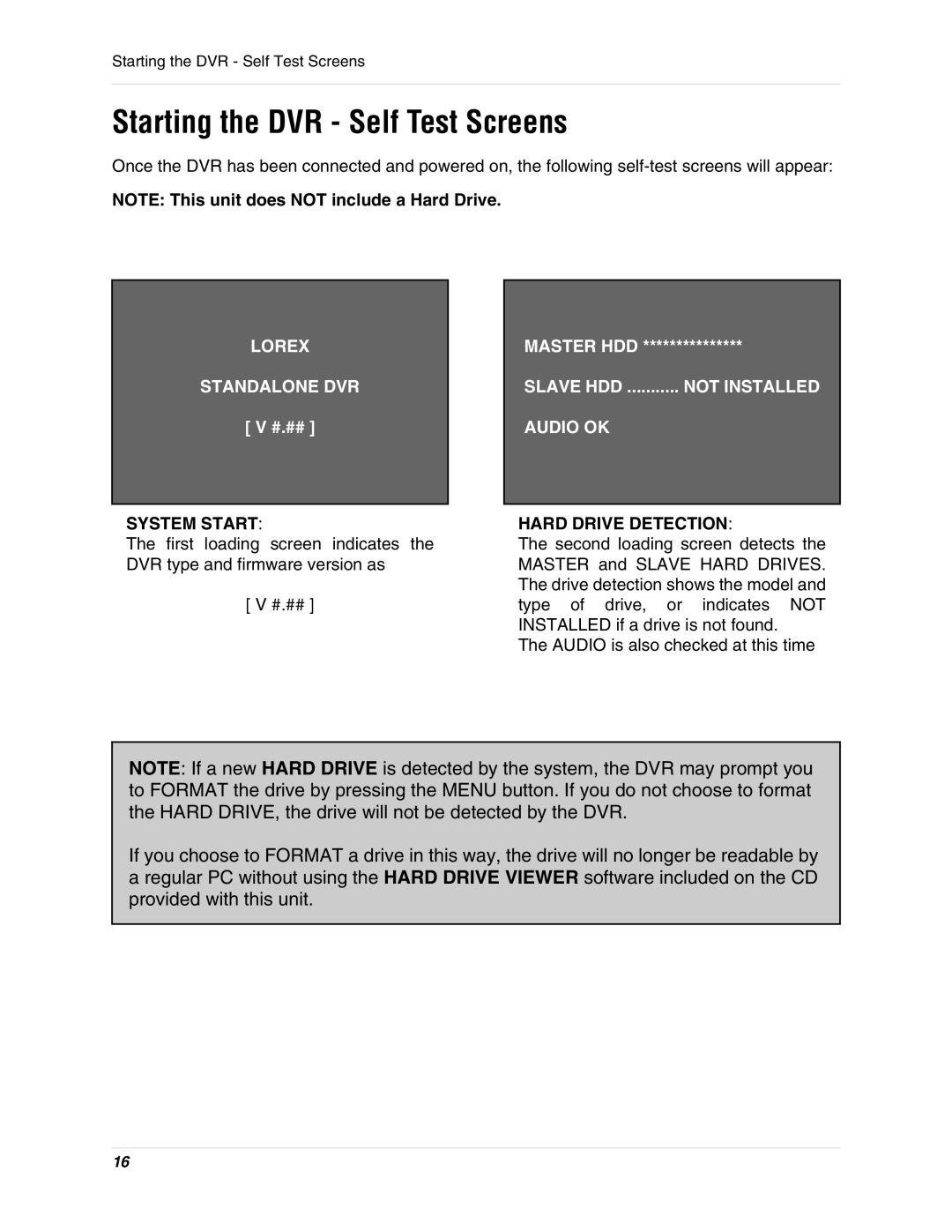 LOREX Technology SC325000 instruction manual Starting the DVR Self Test Screens, System Start, Hard Drive Detection 