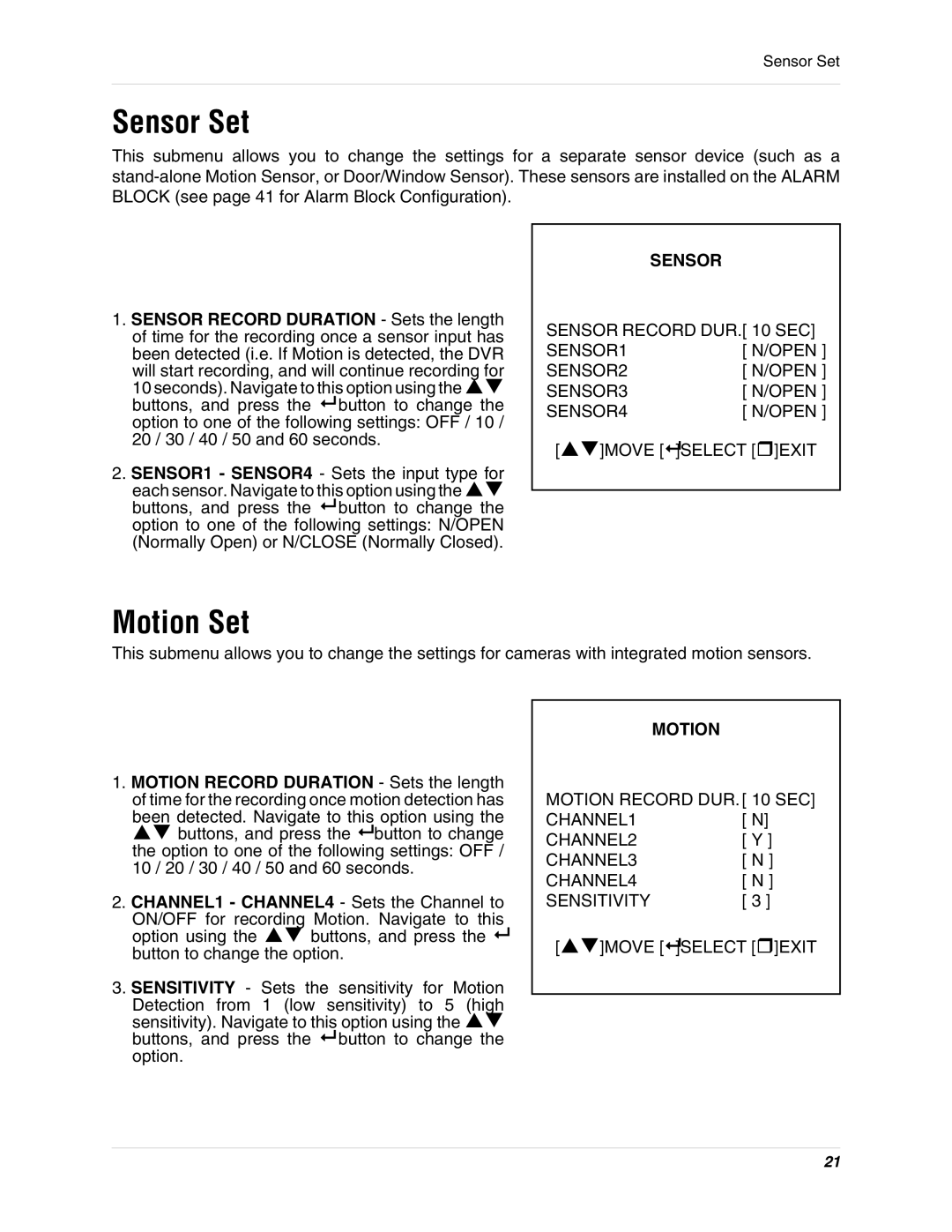 LOREX Technology SC325000 instruction manual Sensor Set, Motion Set 