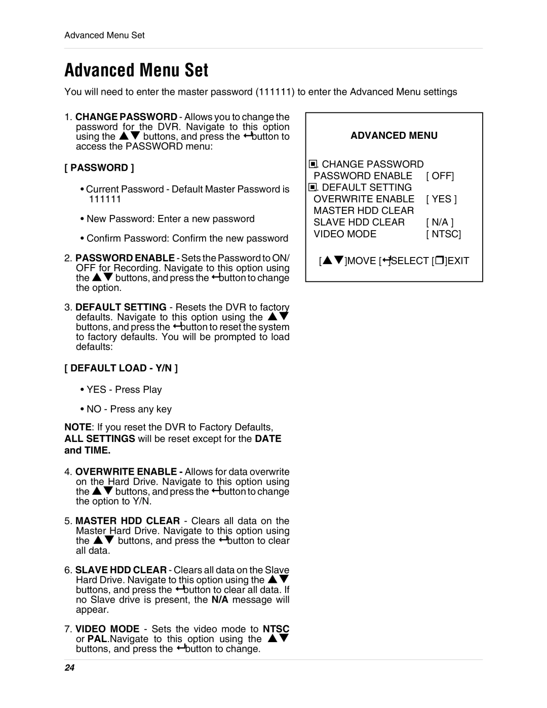 LOREX Technology SC325000 instruction manual Advanced Menu Set, Password, Default Load Y/N 