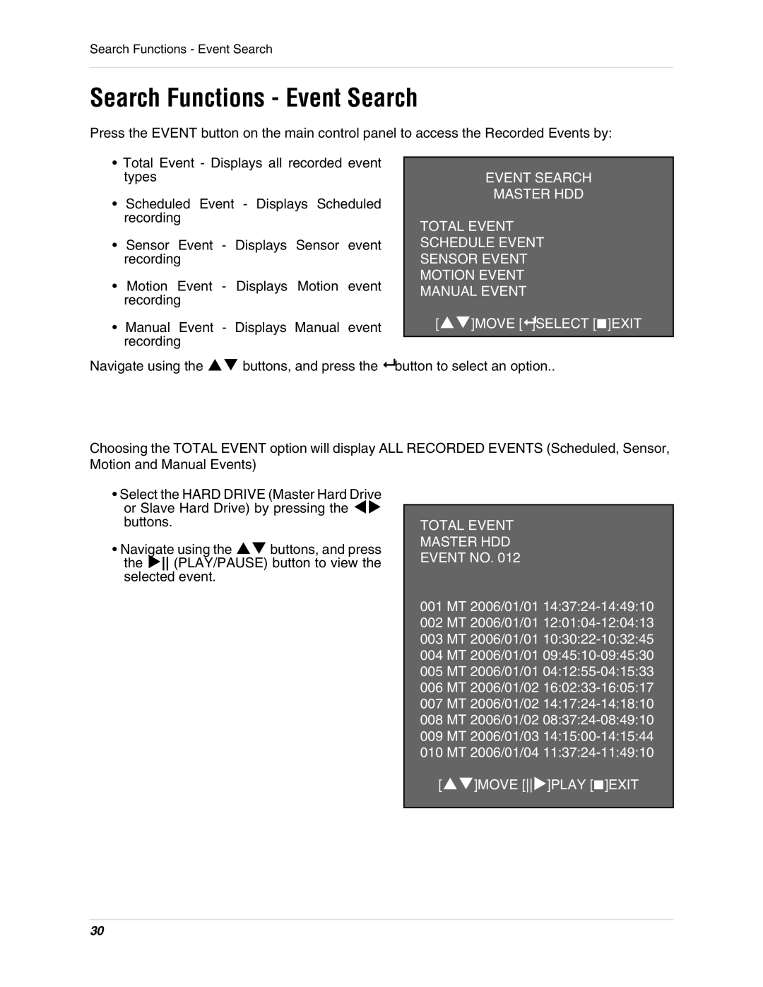 LOREX Technology SC325000 instruction manual Search Functions Event Search, Total Event Master HDD Event no 