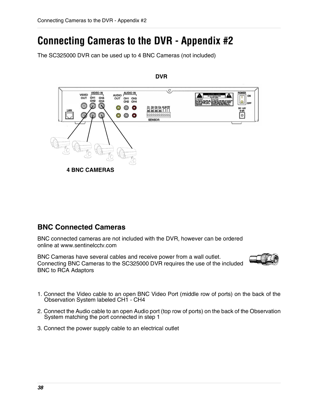 LOREX Technology SC325000 instruction manual Connecting Cameras to the DVR Appendix #2, DVR BNC Cameras 