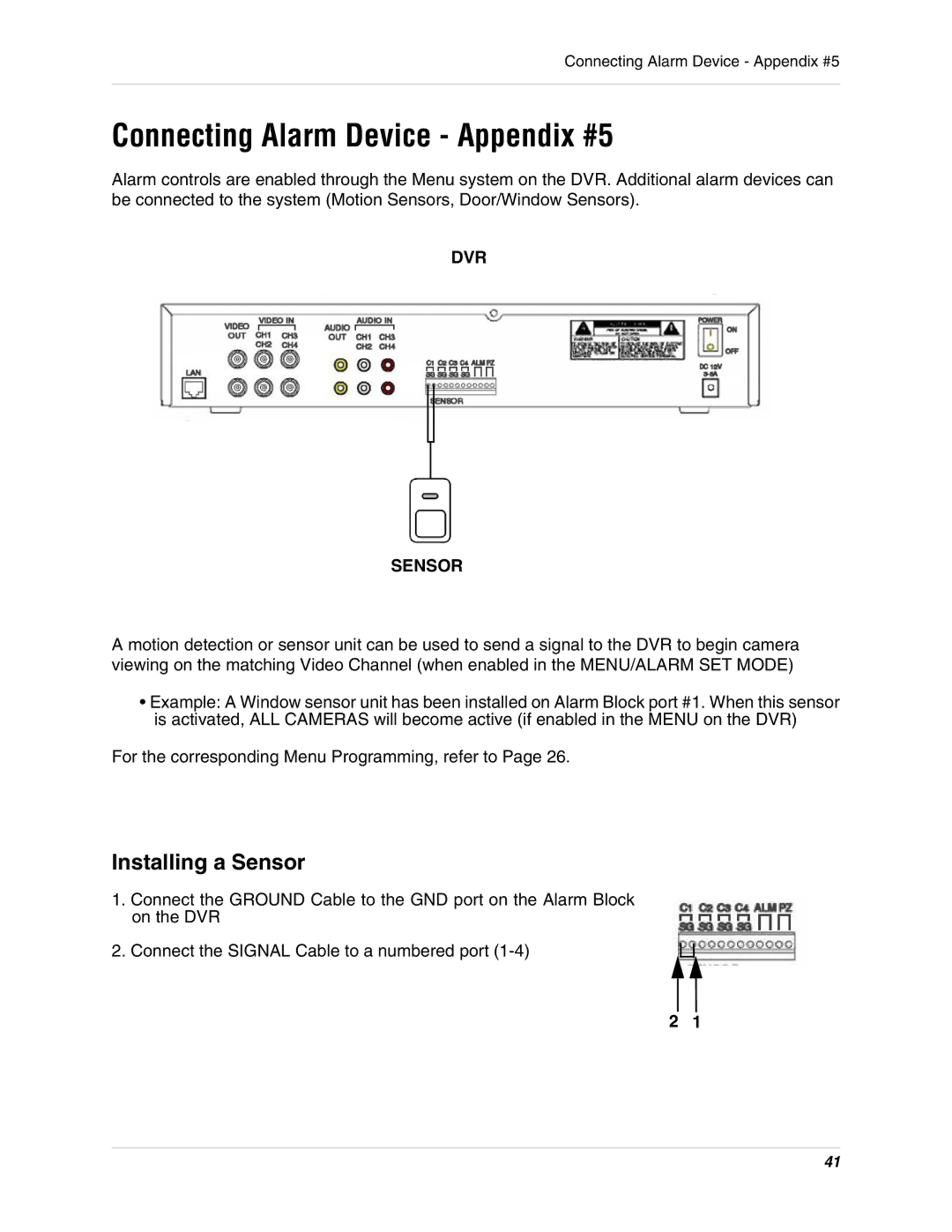 LOREX Technology SC325000 instruction manual Connecting Alarm Device Appendix #5, DVR Sensor 