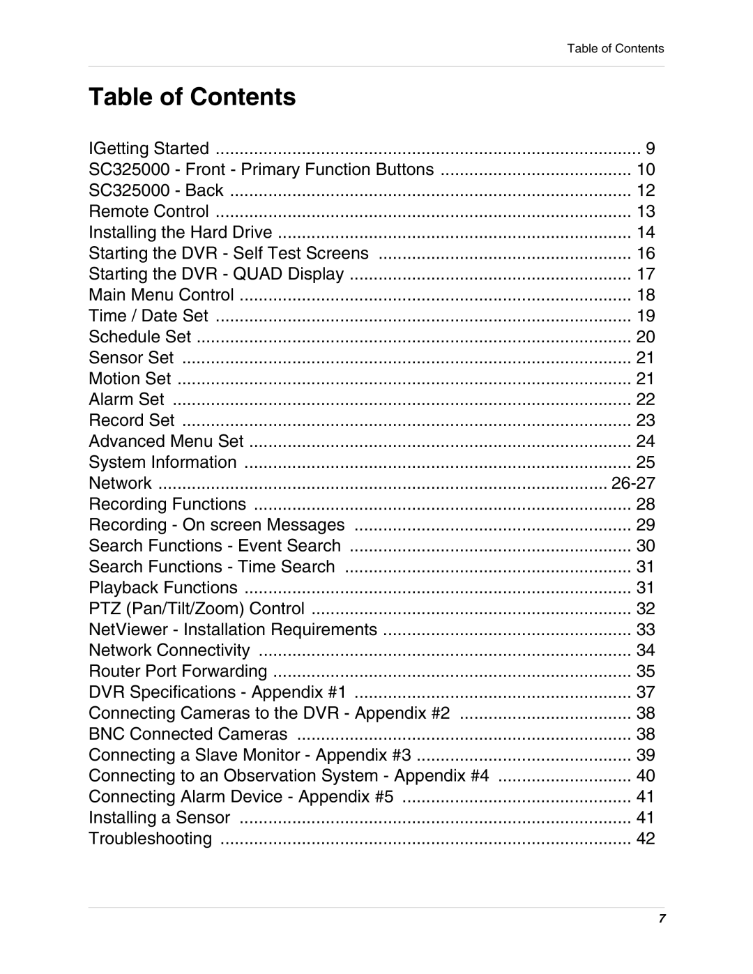 LOREX Technology SC325000 instruction manual Table of Contents 