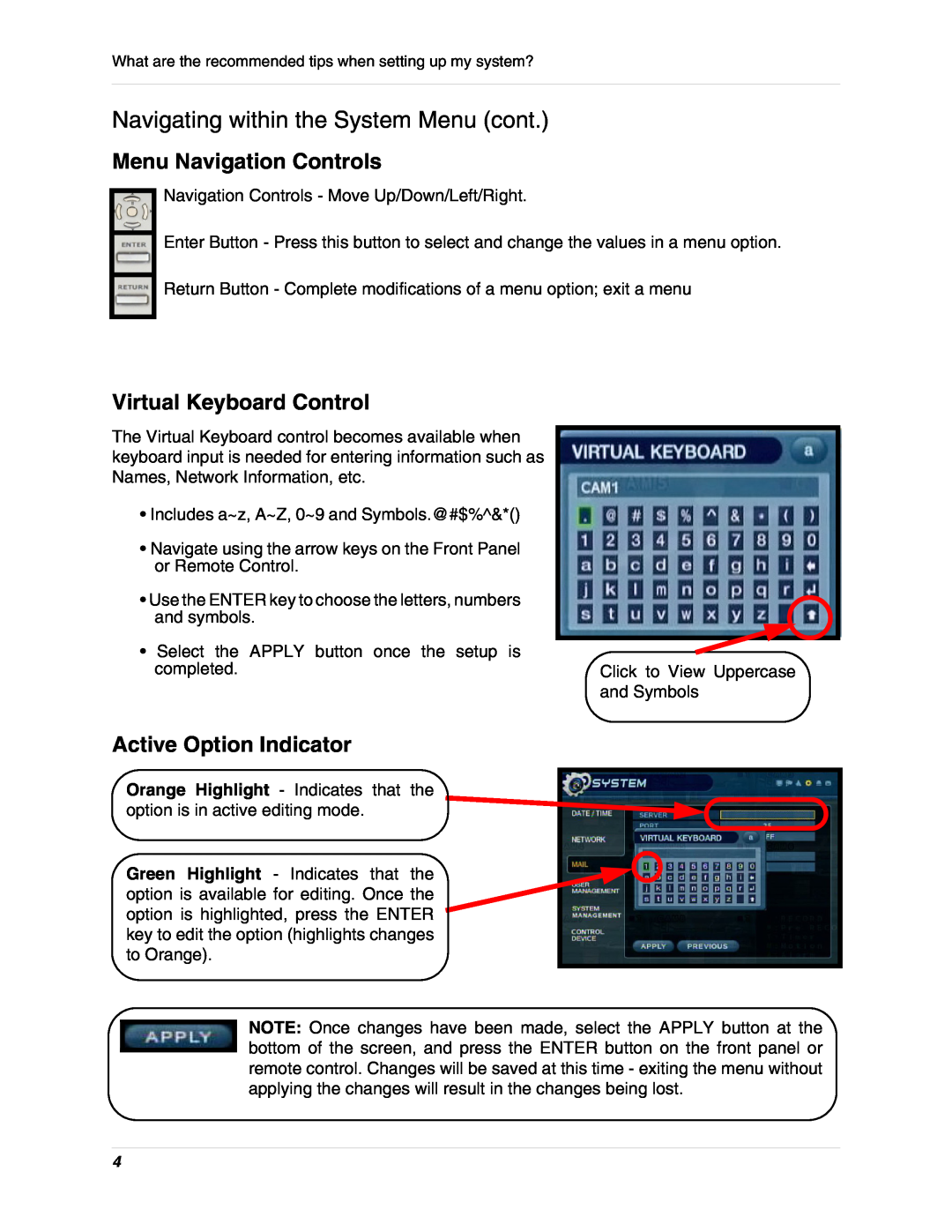 LOREX Technology SG 19LD804-161 Navigating within the System Menu cont, Menu Navigation Controls, Virtual Keyboard Control 