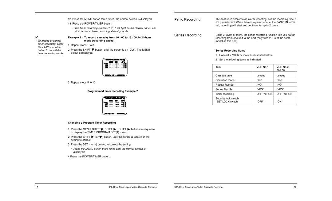 LOREX Technology SG-7960 manual Panic Recording Series Recording, Series Recording Setup 