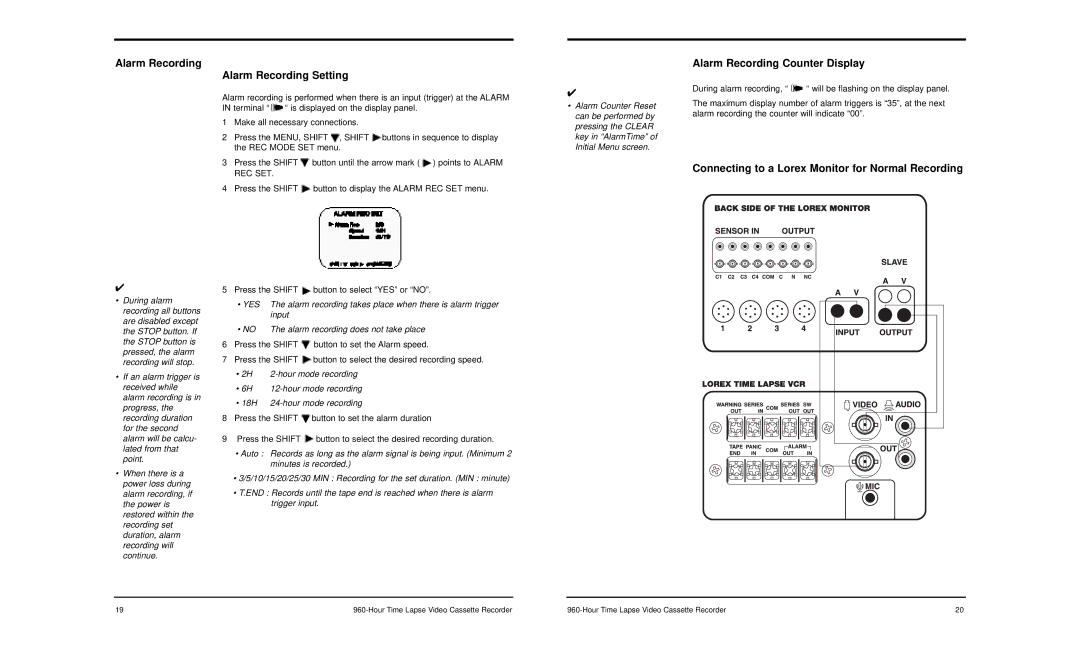 LOREX Technology SG-7960 manual Alarm Recording Setting, Alarm Recording Counter Display 
