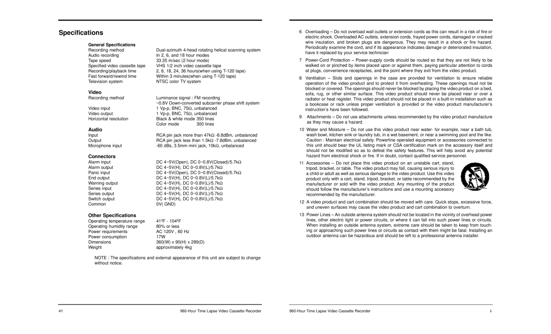 LOREX Technology SG-7960 manual Video, Audio, Connectors, Other Specifications 