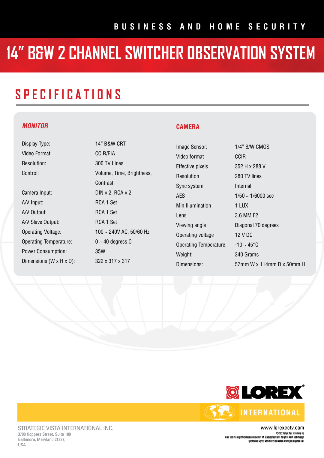 LOREX Technology SG14S1022P International International, 14” B&W 2 CHANNEL SWITCHER OBSERVATION SYSTEM, Monitor, Camera 