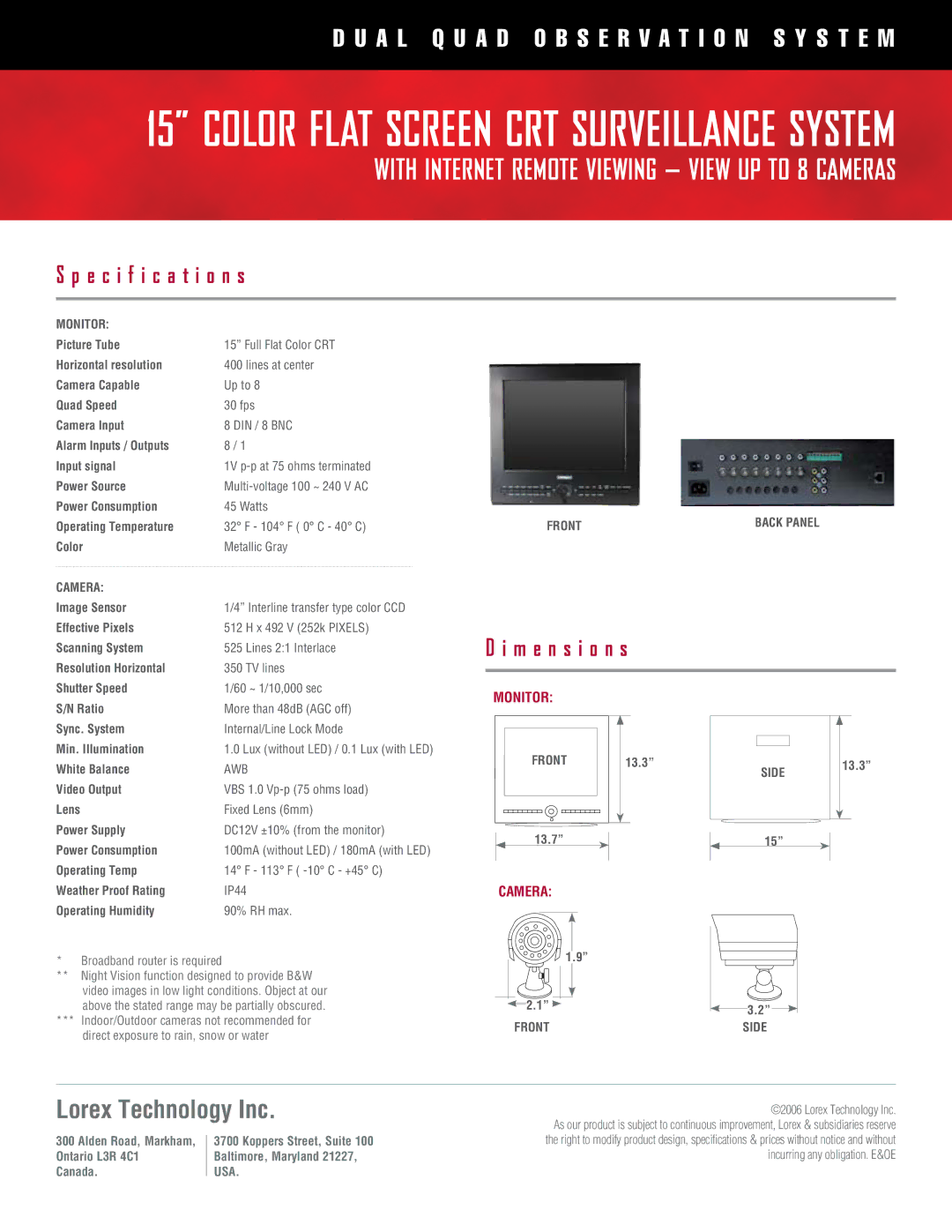 LOREX Technology SG15F6584 dimensions Specification s, M e n s i o n s 