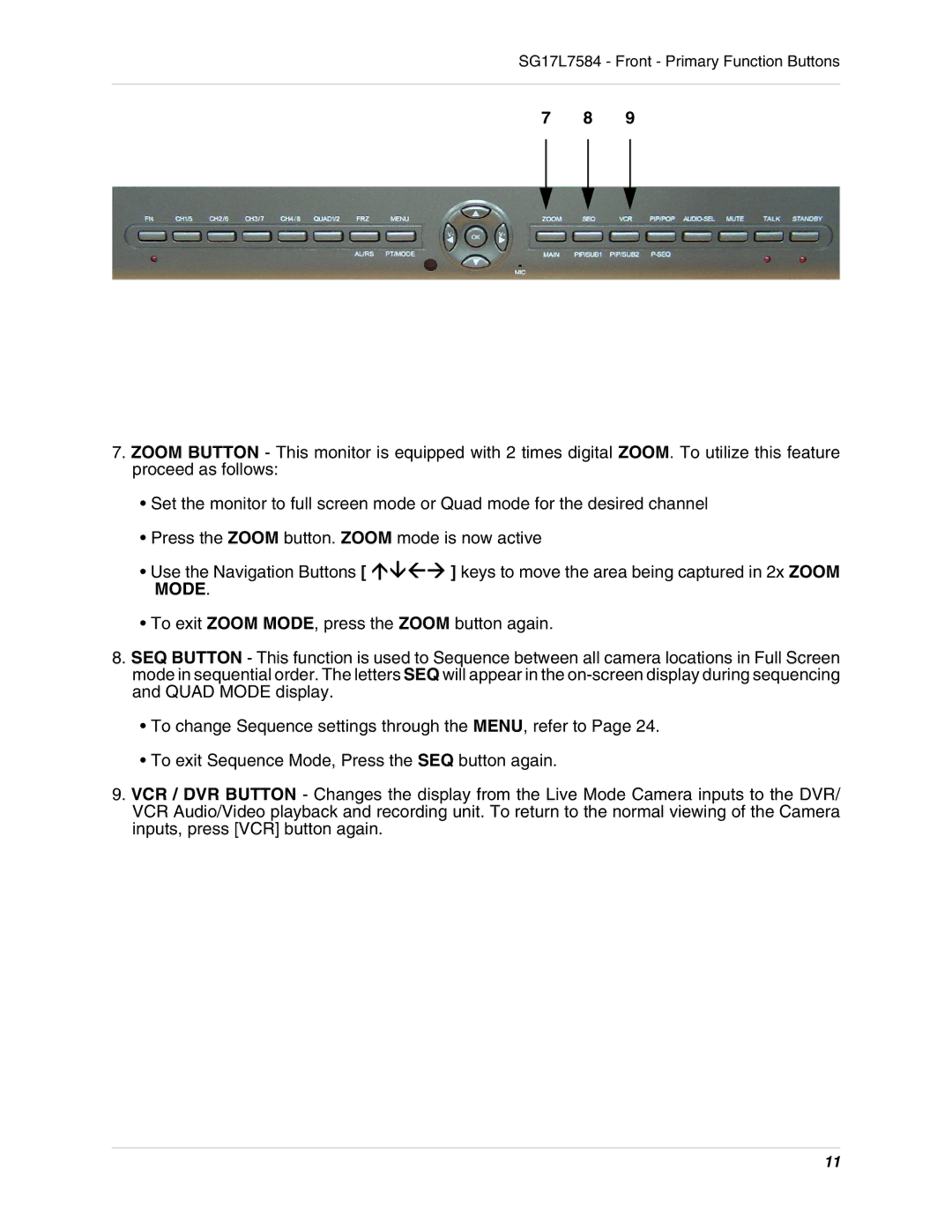 LOREX Technology instruction manual SG17L7584 Front Primary Function Buttons 