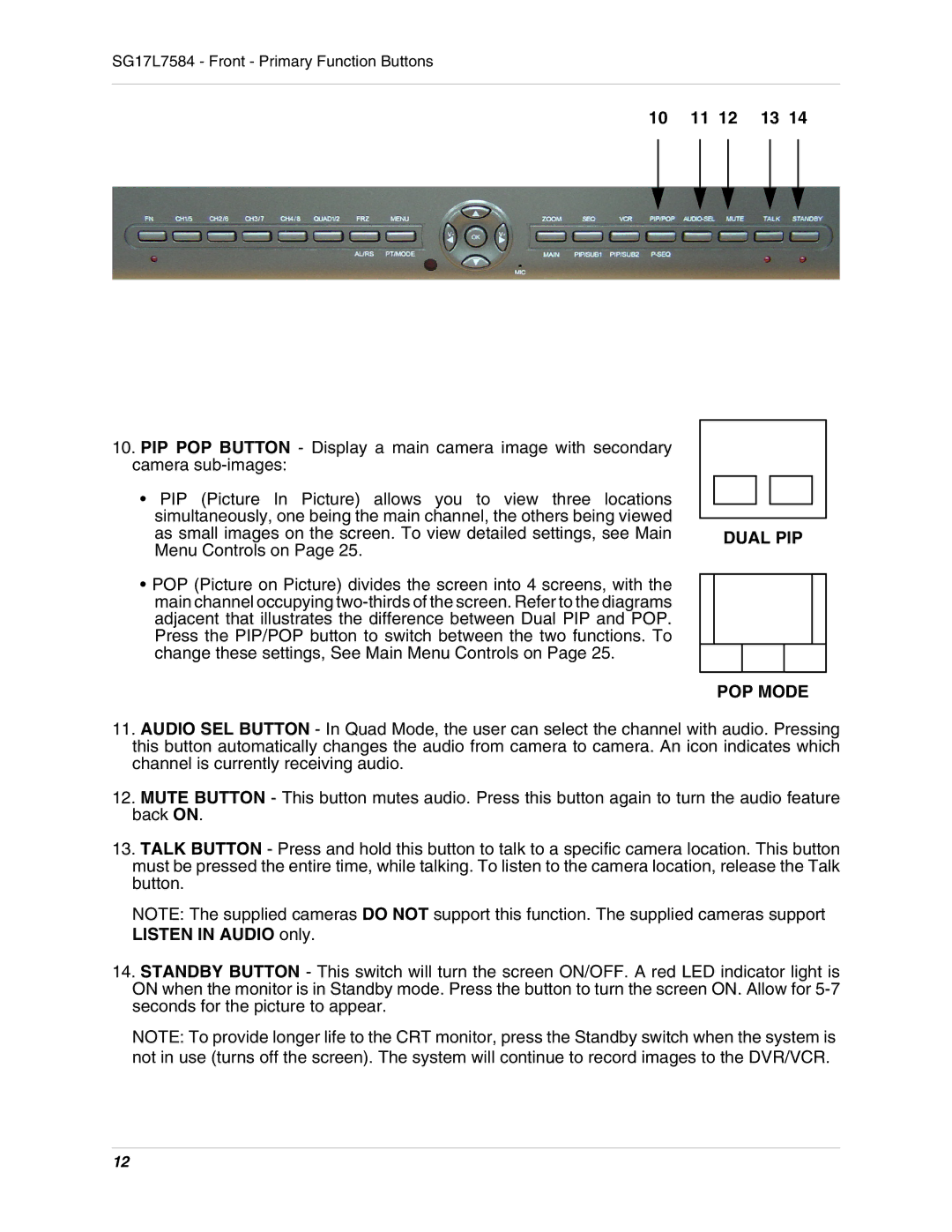 LOREX Technology SG17L7584 instruction manual 10 11 12 13, Dual PIP POP Mode, Listen in Audio only 