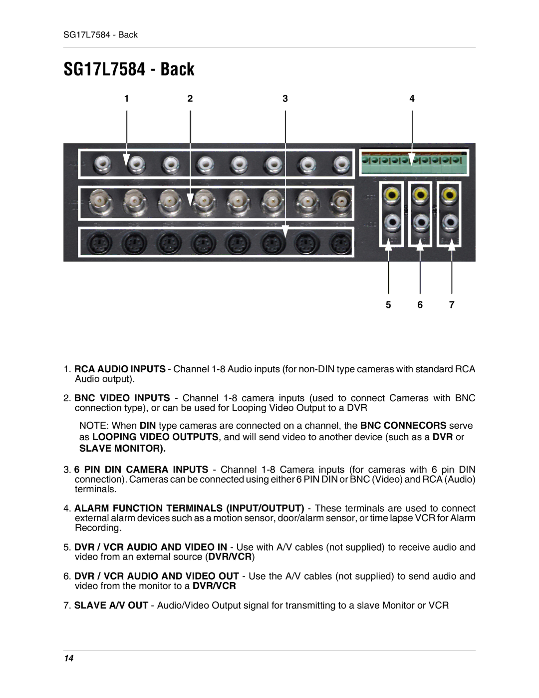 LOREX Technology instruction manual SG17L7584 Back, Slave Monitor 