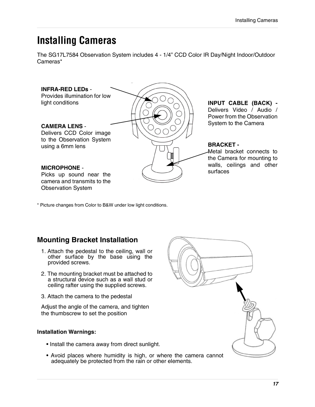 LOREX Technology SG17L7584 instruction manual Installing Cameras, Camera Lens, Microphone, Input Cable Back, Bracket 