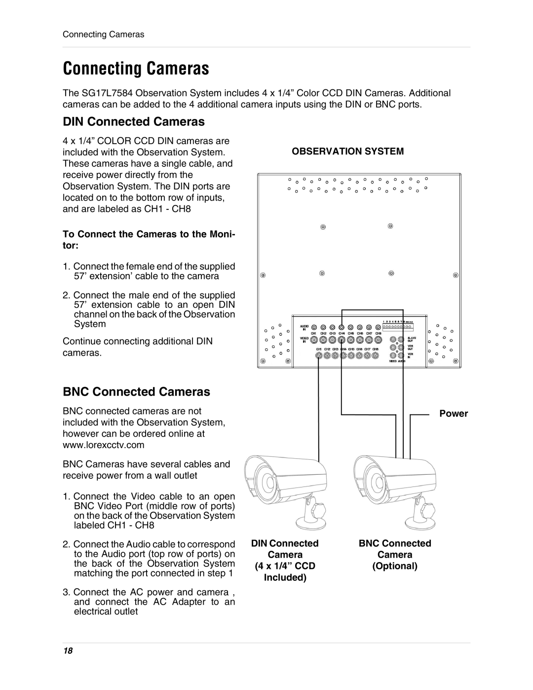 LOREX Technology SG17L7584 Connecting Cameras, To Connect the Cameras to the Moni- tor, Observation System, Power 