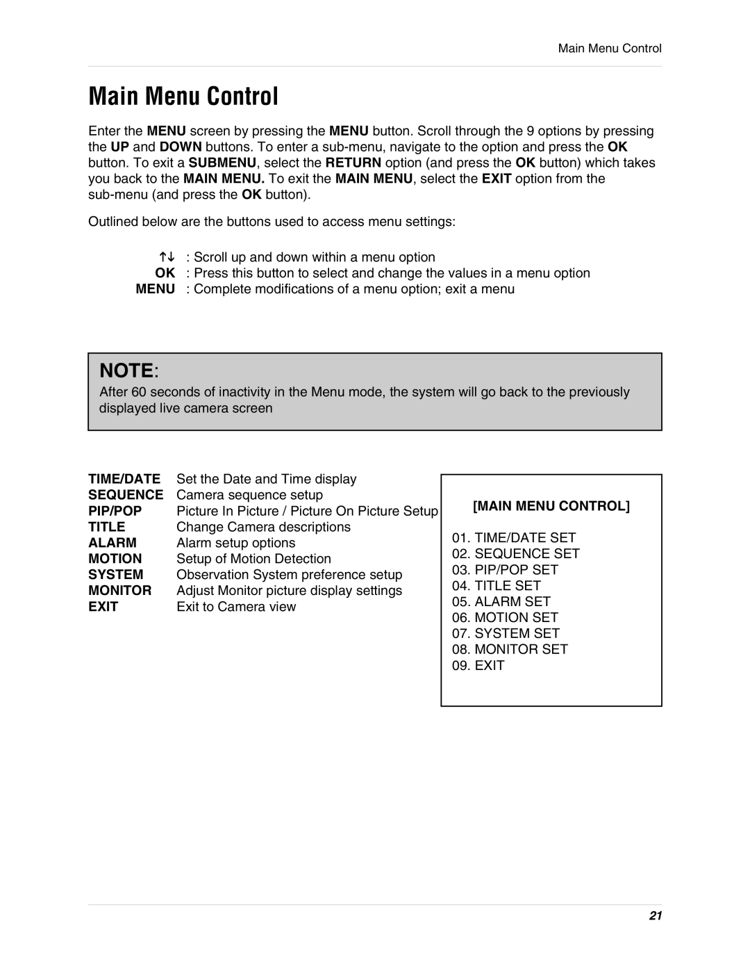 LOREX Technology SG17L7584 instruction manual Main Menu Control 