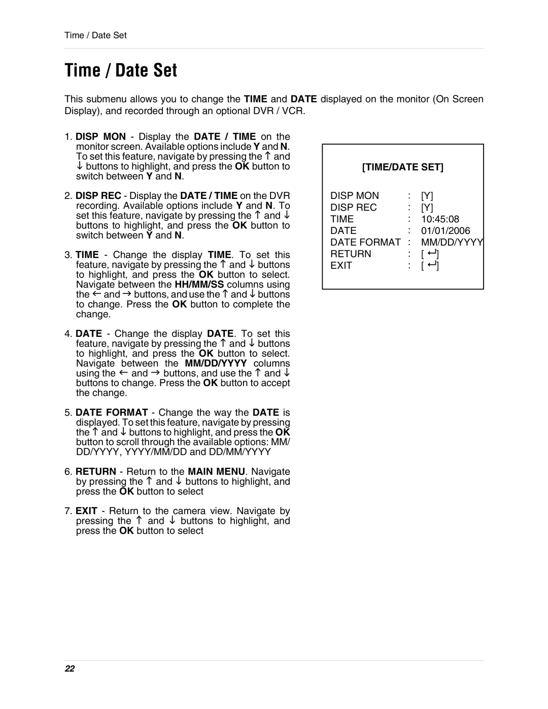 LOREX Technology SG17L7584 instruction manual Time / Date Set, Disp MON Display the Date / Time on, Time/Date Set 