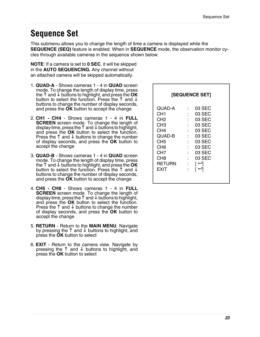 LOREX Technology SG17L7584 instruction manual Sequence Set, Sequence SET 