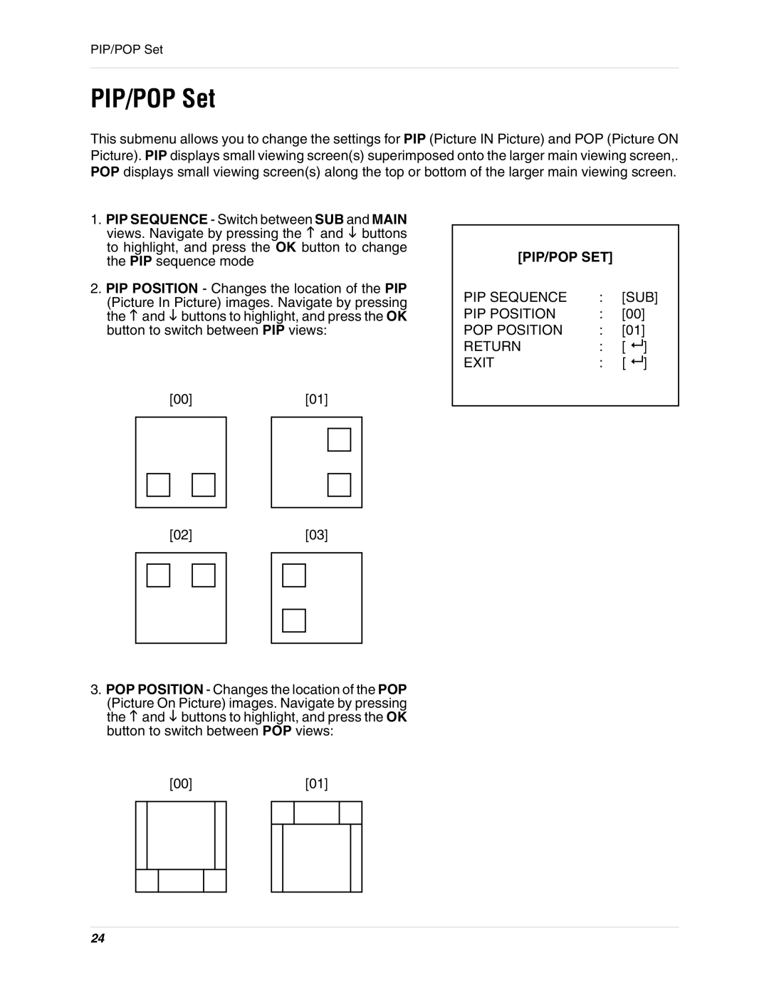 LOREX Technology SG17L7584 instruction manual PIP/POP Set, Pip/Pop Set 