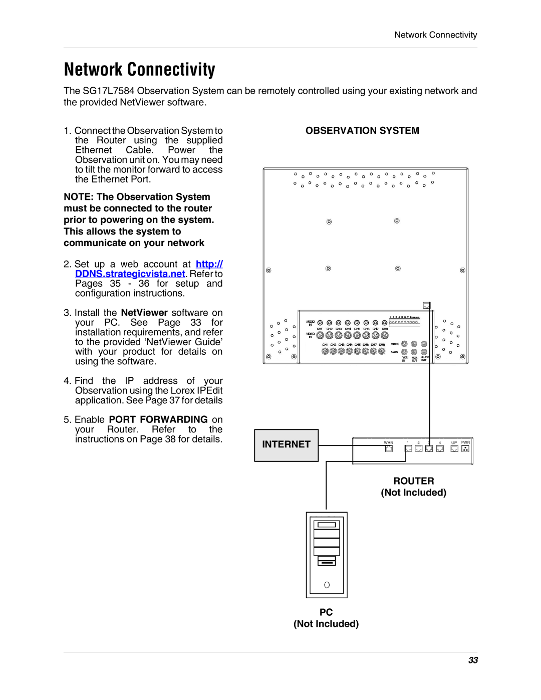 LOREX Technology SG17L7584 instruction manual Network Connectivity, Observation System Internet Router, Not Included 